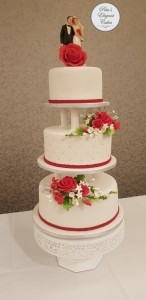 Traditional Red & White Wedding Cake with Red Roses & Pillars