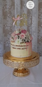 Semi Naked Baby Shower Cake for little Girl, Fresh Pink Flowers on a Gold Cake Stand