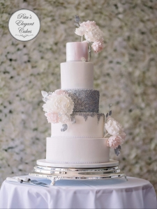 Elegant & Stunning White & Blush Pink 5 Tier Wedding Cake, Cascading Peony Flowers
