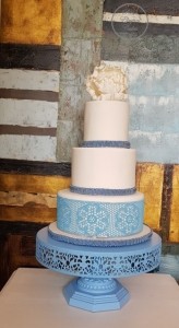 White 3 Tiered Blue Lace Wedding Cake, Peony Sugar Flower on Wedding Occasion Cake