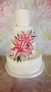 White and Pink Wedding Cake, 4 Tier, Pink Sugar Flower Oriental Lillies