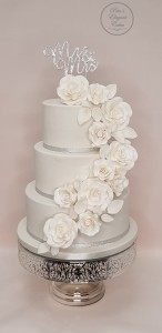 White Wedding Cake Brisbane Gold Coast, White Wedding Cake Cascading White Roses, Cakes with Roses, White Wedding Cake