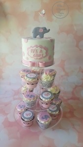 Cupcake Tower for baby Gril, Elephant Cake, Pink Grey & White Cake
