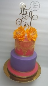 Indian ICakes, Gold Lace on Cakes, Peony Sugar Flowers, Baby Shower Cake, Pink, Purple & Orange Cake, It's a Girl Cake