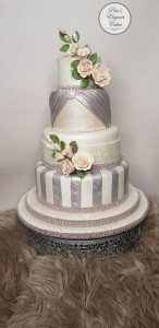 Pink,Mauve & Ivory Wedding Cake with Sugar Roses