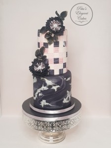 Black & Pink Wedding Occasion Cake, Cake with Black Flowers, Engagement Cakes Brisbane, Marbled finish Wedding Cake, Black Wedding Cake