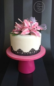 Occasion Cake, Female Birthday Cake, Wedding Cake, Oriental Lillies on Cake, Cakes with Black Lace