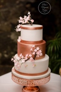 Cake with Cherry Blossoms, Sugar Cherry Blossoms, Hand Made Cherry Blossoms, Rose Gold Painted Cake, Rose Gold & White Cherry Blossom 3 Tier Wedding Cake, Rose Gold Stand