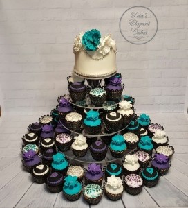 Cupcake Tower, Engagement Cake, Wedding Cupcakes, Peony Sugar Flowers, Teal Purple & White Cake