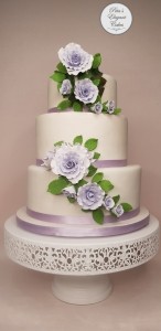 White and Mauve Wedding Cake with Mauve Sugar Roses