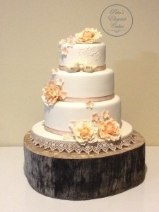 Apricot 3 Tier Wedding Cake, Peony Apricot Sugar Flowers, Rustic Timber Cake Slab, Hand Painted Flowers on Cake, Love Birds on Cake