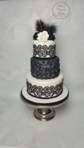 Black & White Wedding Cake, Wedding Cake With Feathers Roses Lace 3 Tiers & Silver Pedestal Cake Stand