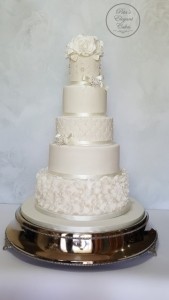 Elegant White 5 Tier Wedding Cake Lace Ruffles Quilting Bling Sugar Roses Silver Palteau Stand