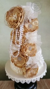 Gold & White Vintage Wedding Cake Pearls Lace Timber Cake Stand, Gold Fabric Flowers on Wedding Cake, Vintage Inspired Cake