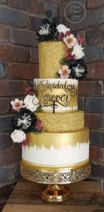 Gold Sequence 4 Tier Stunning Wedding Cake, Sugar Flowers on Wedding Cake, Bold Wedding Cake, Wedding Cake with Gold & Black,