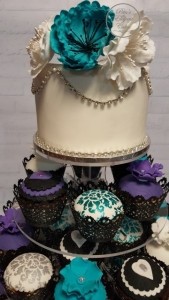 Peony Sugar Flowers, Cakes with Peony Flowers, Wedding Cake, Occasion Cake, Teal & Purple Black Cakes, Cupcake Tower