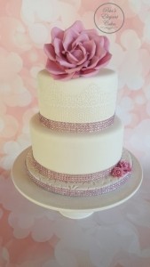 2 Tier Pink & White Wedding Cake, Wedding Cake with Single Rose, Pink & White Wedding Cake, Occasion Cake, Pink Roses on Cake, White Pedestal Cake Stand
