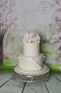 2 Tier Vintage All White Wedding Cake, Vintage Lace on Cake, White Sugar Roses on Cake, Small White Wedding Cake