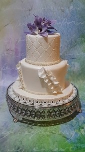 Vintage Cake, Lace on Wedding Cake, Cake with Purple Flowers, Cake with quilted Pattern, Classic White Cake, Wedding Cake for Small Wedding,