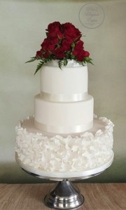 Red Roses on a Cake, Fresh Red Roses on Wedding Cake, Red & White Wedding Cake, Red & White Occasion Cake, Red & White Engagement Cake, White Ruffled Wedding Cake Red Fresh Roses 3 Tiers
